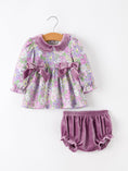 Load image into Gallery viewer, Purple Floral Velvet Baby Girl Outfit Set Ruffle Bow Bloomers