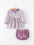 Load image into Gallery viewer, Purple Floral Velvet Baby Girl Outfit Set Ruffle Bow Bloomers