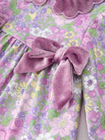 Load image into Gallery viewer, Purple Floral Velvet Baby Girl Outfit Set Ruffle Bow Bloomers
