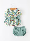 Load image into Gallery viewer, Green Floral Girls Outfit Set Ruffle Collar Bow Baby Bloomer Set