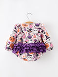 Load image into Gallery viewer, Halloween Pumpkin Ghost Baby Girl Bubble Romper Ruffle Bow Detail
