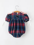 Load image into Gallery viewer, Navy Red Christmas Plaid Wreath Baby Girl Bubble Romper