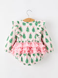 Load image into Gallery viewer, Christmas Tree Print Ruffle Bow Baby Girl Bubble Romper