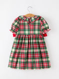 Load image into Gallery viewer, Christmas Girls Plaid Smocked Ruffle Collar Bow Dress