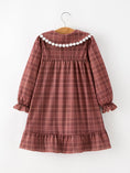 Load image into Gallery viewer, Girls Brown Plaid Lace-Trim Peter Pan Collar Dress
