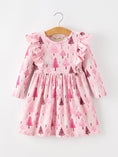 Load image into Gallery viewer, Christmas Tree Print Girls Pink Ruffle Long Sleeve Dress