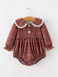 Load image into Gallery viewer, Baby Girls Brown Plaid Floral Lace Collar Romper