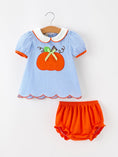 Load image into Gallery viewer, Fall Girls Pumpkin Appliqué Peter Pan Collar Bloomer Set