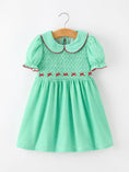 Load image into Gallery viewer, Christmas Girls Green Plaid Smocked Bow Peter Pan Collar Dress