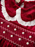 Load image into Gallery viewer, Christmas Burgundy Velvet Girls Smocked Pearl Lace Collar Dress