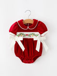Load image into Gallery viewer, Christmas Velvet Baby Romper Smocked Embroidery Bow