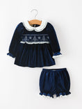 Load image into Gallery viewer, Girls Christmas Navy Velvet Smocked Top And Bloomers Outfit