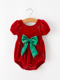 Load image into Gallery viewer, Baby Girls Christmas Red Velvet Rhinestone Bow Bubble Romper