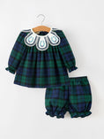 Load image into Gallery viewer, Christmas Girls Green & Navy Plaid Embroidered Bloomer Set