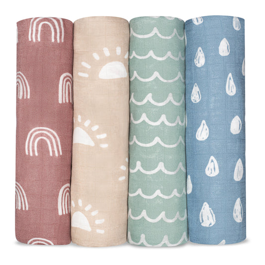 Muslin Swaddle Blankets in Sun, Rainbow, Rain & Doodle, 4 Pack