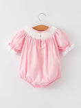 Load image into Gallery viewer, Girls Easter Bunny Smocking Embroidered Lace Cuff Pink Romper