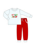 Load image into Gallery viewer, Blue Stripe Christmas Holly Jolly Embroidery Pants Set