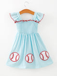 Load image into Gallery viewer, Girls Blue Striped Baseball Applique Smocked Dress Flutter Sleeves