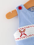 Load image into Gallery viewer, Baby Boy Baseball Smocked Romper – Blue Plaid Summer Outfit