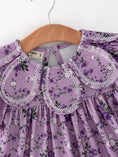 Load image into Gallery viewer, Purple Floral Girls Dress Bow Petal Collar Ruffle Hem Dress