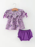 Load image into Gallery viewer, Floral Girls Outfit Set Purple Puff Sleeve Top Bloomers Set