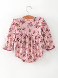 Load image into Gallery viewer, Fall Purple Floral Baby Girl Romper Bow Ruffle Long Sleeve