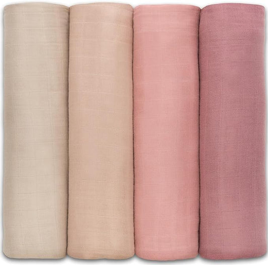 Muslin Swaddle Blankets in Cream, Blush, Bold Blush, Mauve, 4 Pack