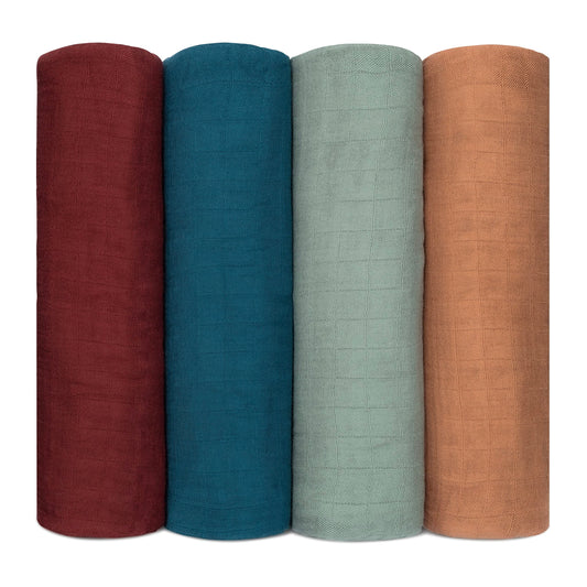 Muslin Swaddle Blankets in Wine, Neptune, Fern, Caramel, 4 Pack