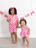Load image into Gallery viewer, Girls Baseball Bow Print Pajama Set Short Sleeve Pink