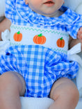 Load image into Gallery viewer, Fall Thanksgiving& Halloween Blue Pumpkin Smock Embroidery Baby Girl Romper