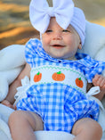 Load image into Gallery viewer, Fall Thanksgiving& Halloween Blue Pumpkin Smock Embroidery Baby Girl Romper