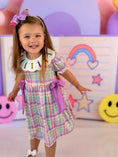 Load image into Gallery viewer, Back To School Plaid Crayon Embroidery Girls Dress Bow Puff Sleeve