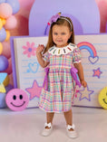 Load image into Gallery viewer, Back To School Plaid Crayon Embroidery Girls Dress Bow Puff Sleeve