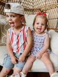 Load image into Gallery viewer, Smocked Red, White and Bows Bamboo Bubble Romper