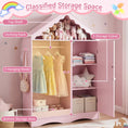 Load image into Gallery viewer, Kids Dress Up Storage with Mirror Roofed Wardrobe Closet with Open Hanging Rack