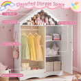 Load image into Gallery viewer, Kids Dress Up Storage with Mirror Roofed Wardrobe Closet with Open Hanging Rack