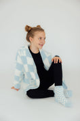 Load image into Gallery viewer, Light Blue Checker Bow Cozy Cardigan