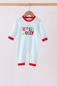 Load image into Gallery viewer, Blue Stripe Holly Jolly Romper