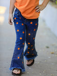 Load image into Gallery viewer, Girls Pumpkin Embroidered Flare Jeans Fall Denim Pants with Fringe Hem