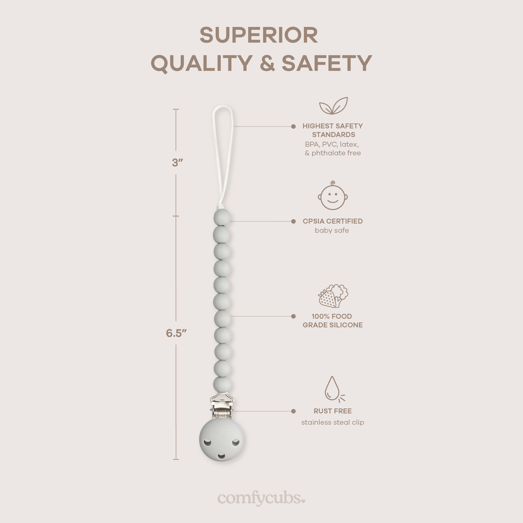 Pacifier Clips in Grey, 2 Pack