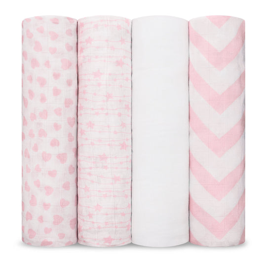 Muslin Swaddle Blankets in Pink, 4 Pack