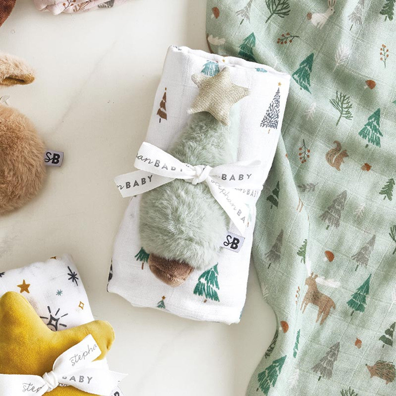 Swaddles with Plush Rattle - Trees