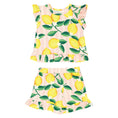 Load image into Gallery viewer, Two-Piece Short Sleeve + Shorts Ruffle Set - Pink Stripes + Lemons