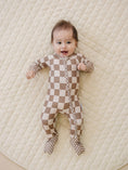 Load image into Gallery viewer, Ribbed Bamboo Zip Romper | Latte Checkered