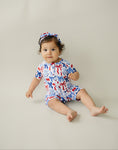 Load image into Gallery viewer, Bamboo Shorty Romper | Red-White & Bows