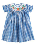 Load image into Gallery viewer, Blue Gingham Pumpkin Smocked Ruffle Bishop Dress