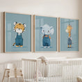 Load image into Gallery viewer, Safari Nursery Wall Art Set of 3. Baby Elephant, Giraffe, Tiger