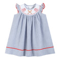 Load image into Gallery viewer, Blue Seersucker Baseball Smocked Bishop Dress