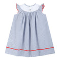 Load image into Gallery viewer, Blue Seersucker Baseball Smocked Bishop Dress