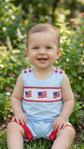 Load image into Gallery viewer, Blue USA Flag Smocked Shortalls
